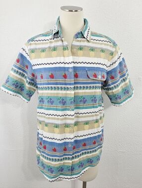 Vintage fruity Hawaiian style shirt short sleeve pineapple stripes womens medium